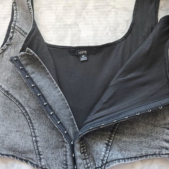 Blashe Crop Top, Denim-Look with Hook Closure Women's Sz M - Picture 2 of 6